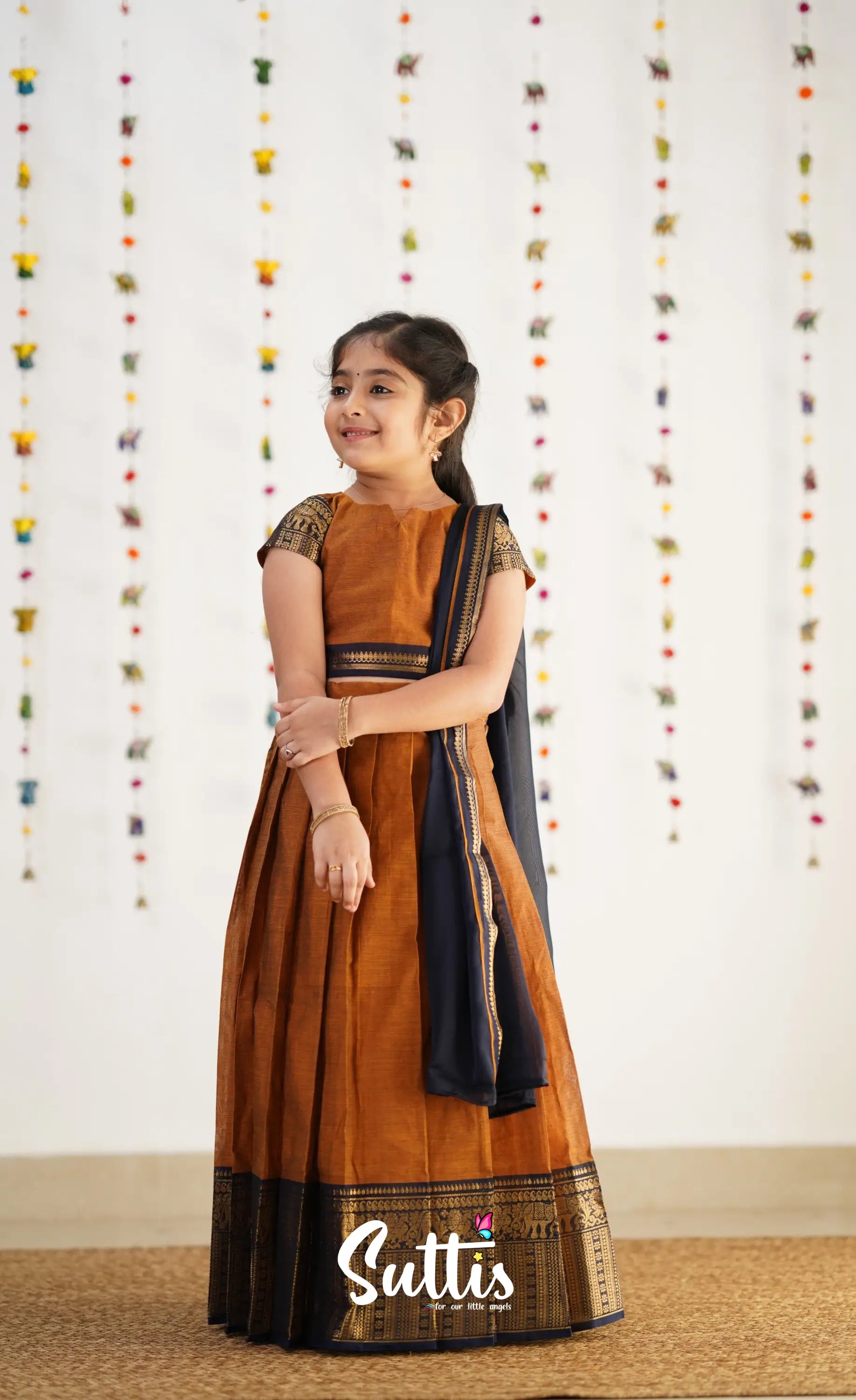 Kumaari Half Saree - Light Brown &amp; Navy Blue Kids-Suttis