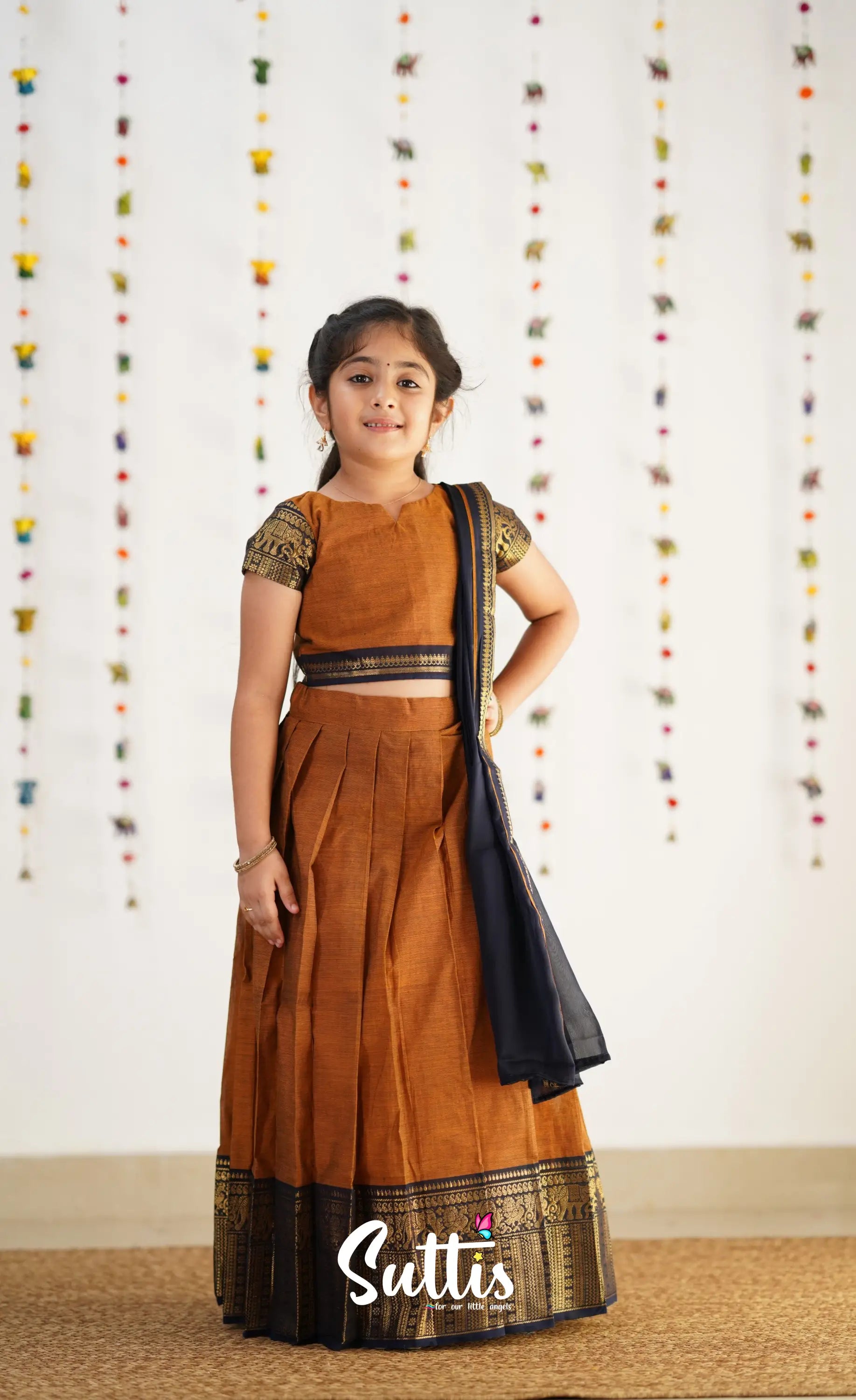 Kumaari Half Saree - Light Brown &amp; Navy Blue Kids-Suttis