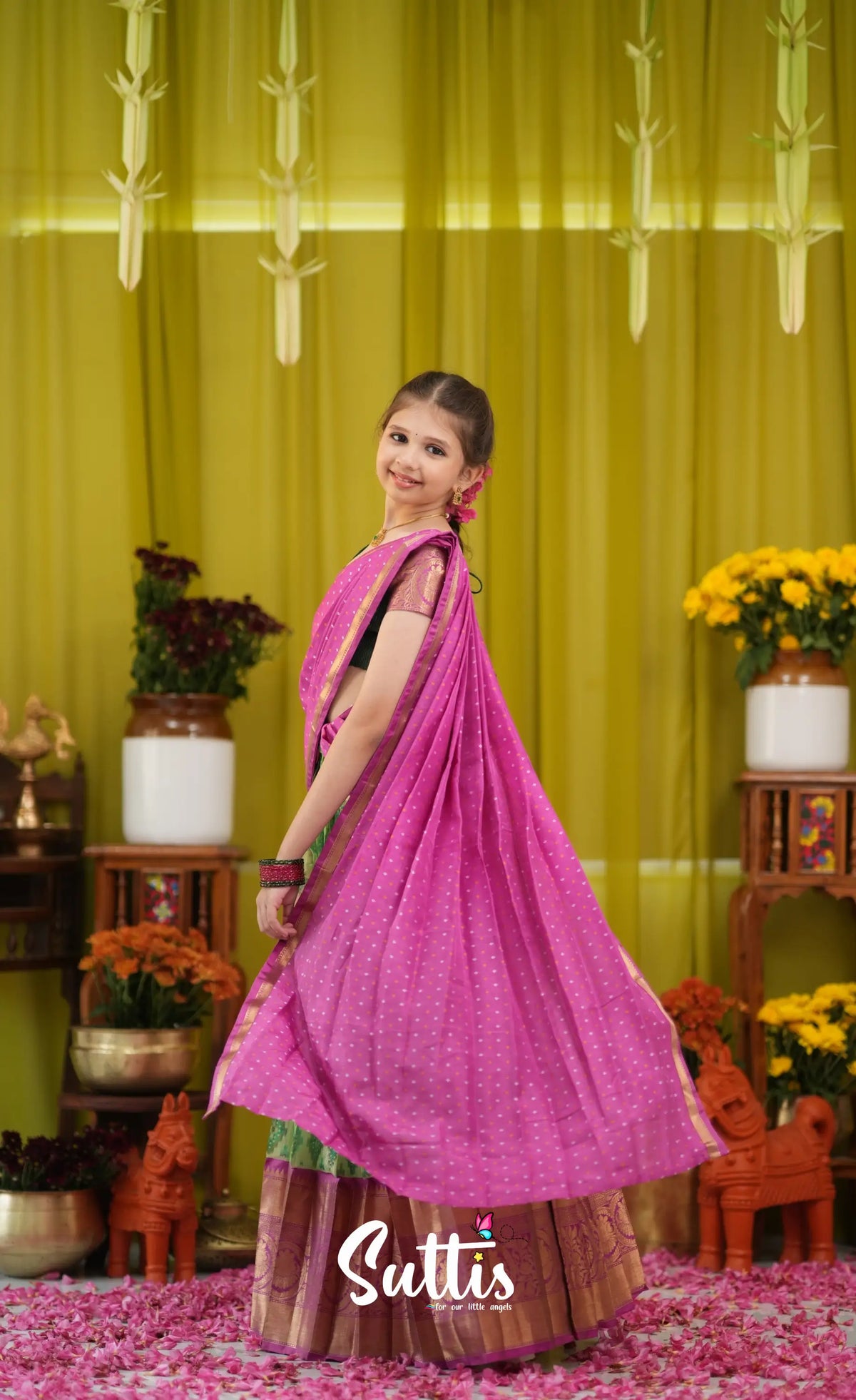 Kumaari Half Saree - Light green and Pink - Kids-Suttis