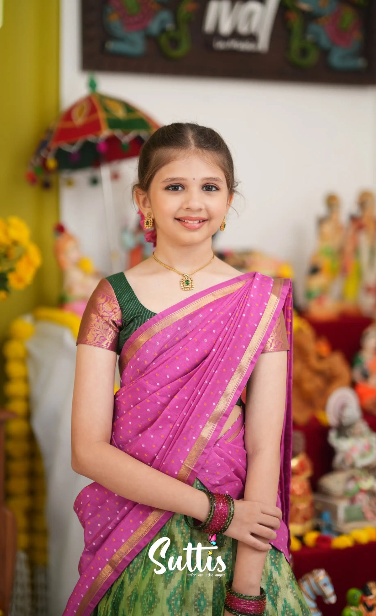 Kumaari Half Saree - Light green and Pink - Kids-Suttis