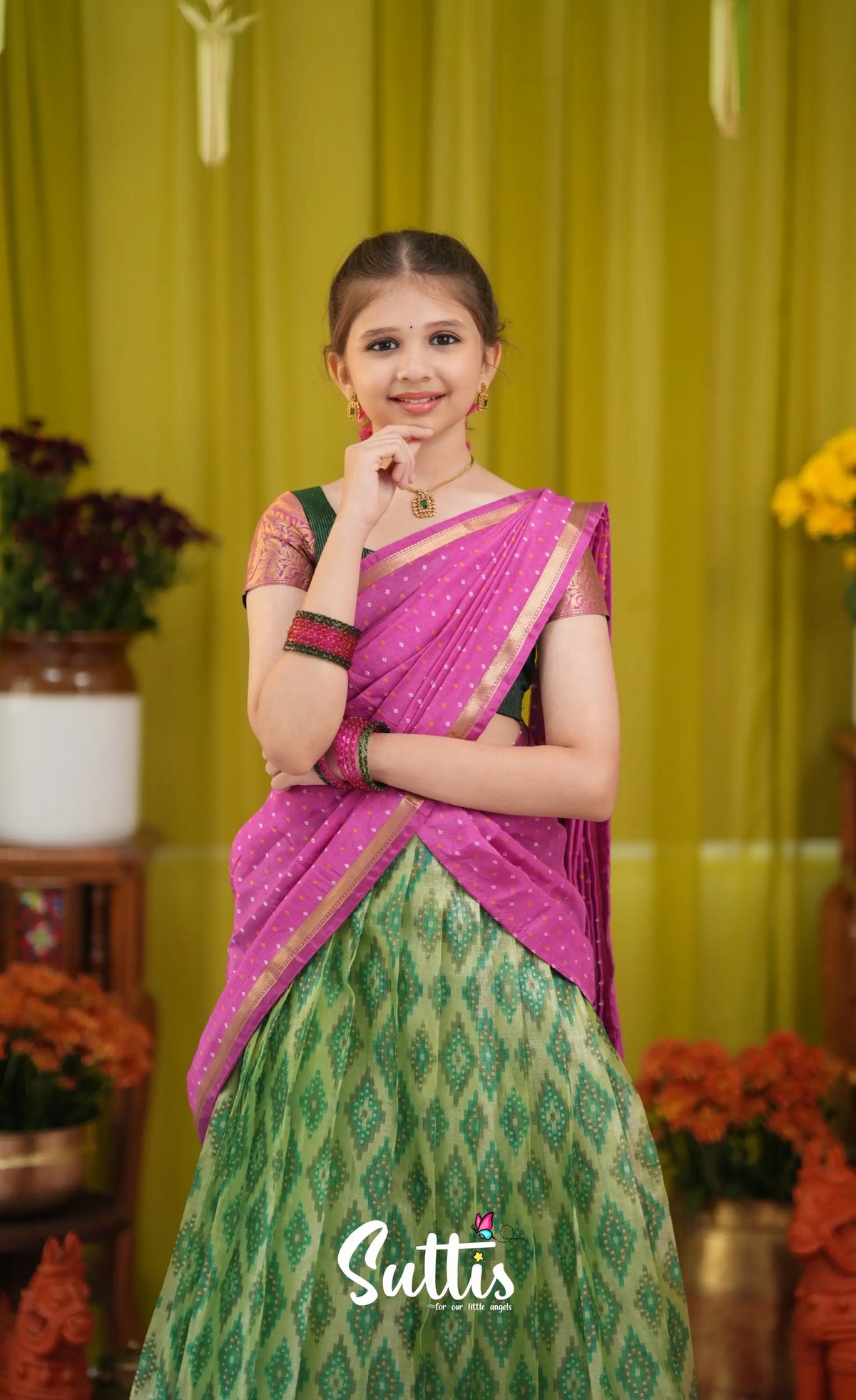Kumaari Half Saree - Light green and Pink - Kids-Suttis