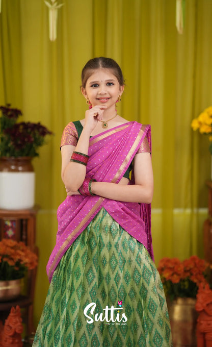 Kumaari Half Saree - Light green and Pink - Kids-Suttis