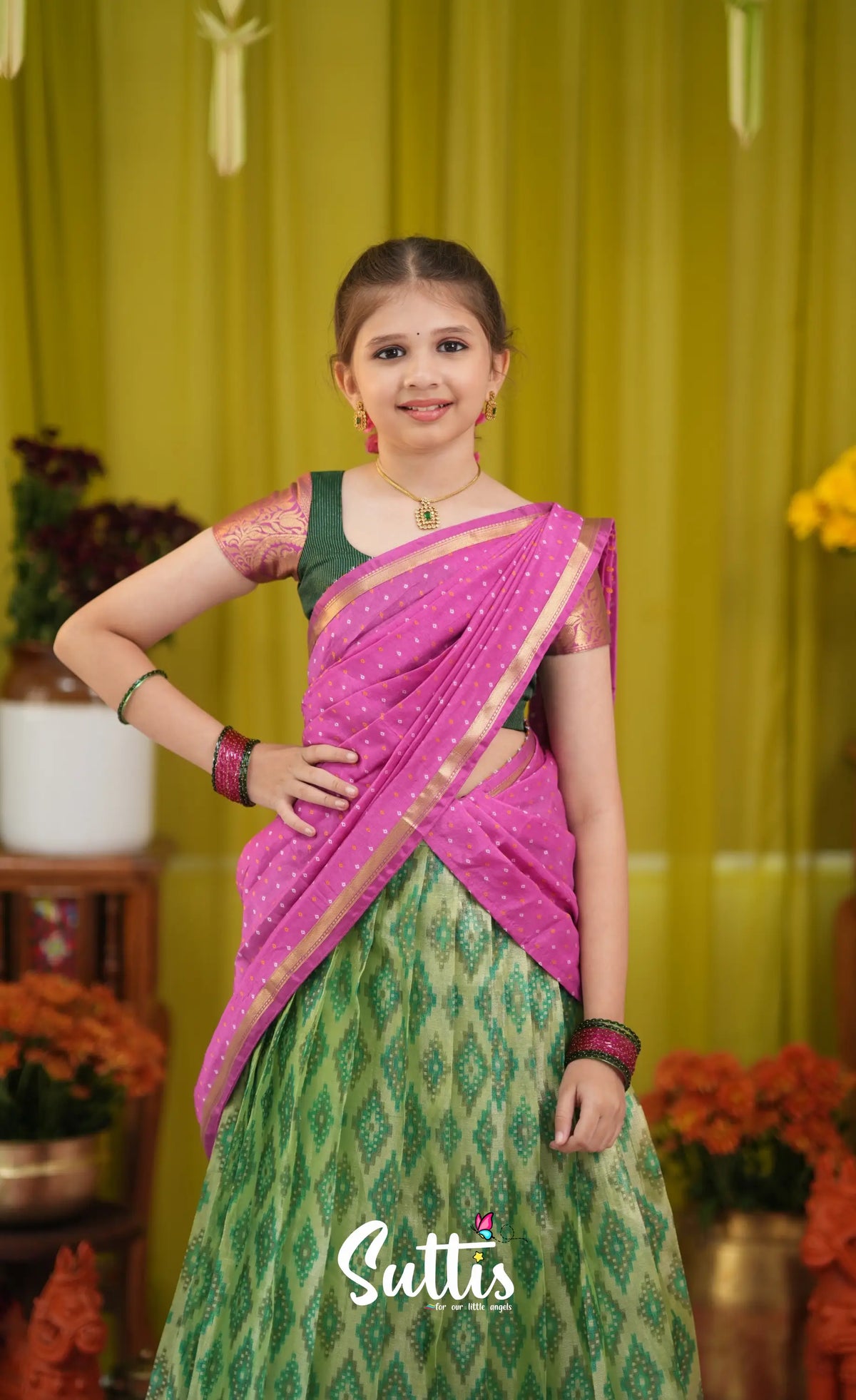 Kumaari Half Saree - Light green and Pink - Kids-Suttis