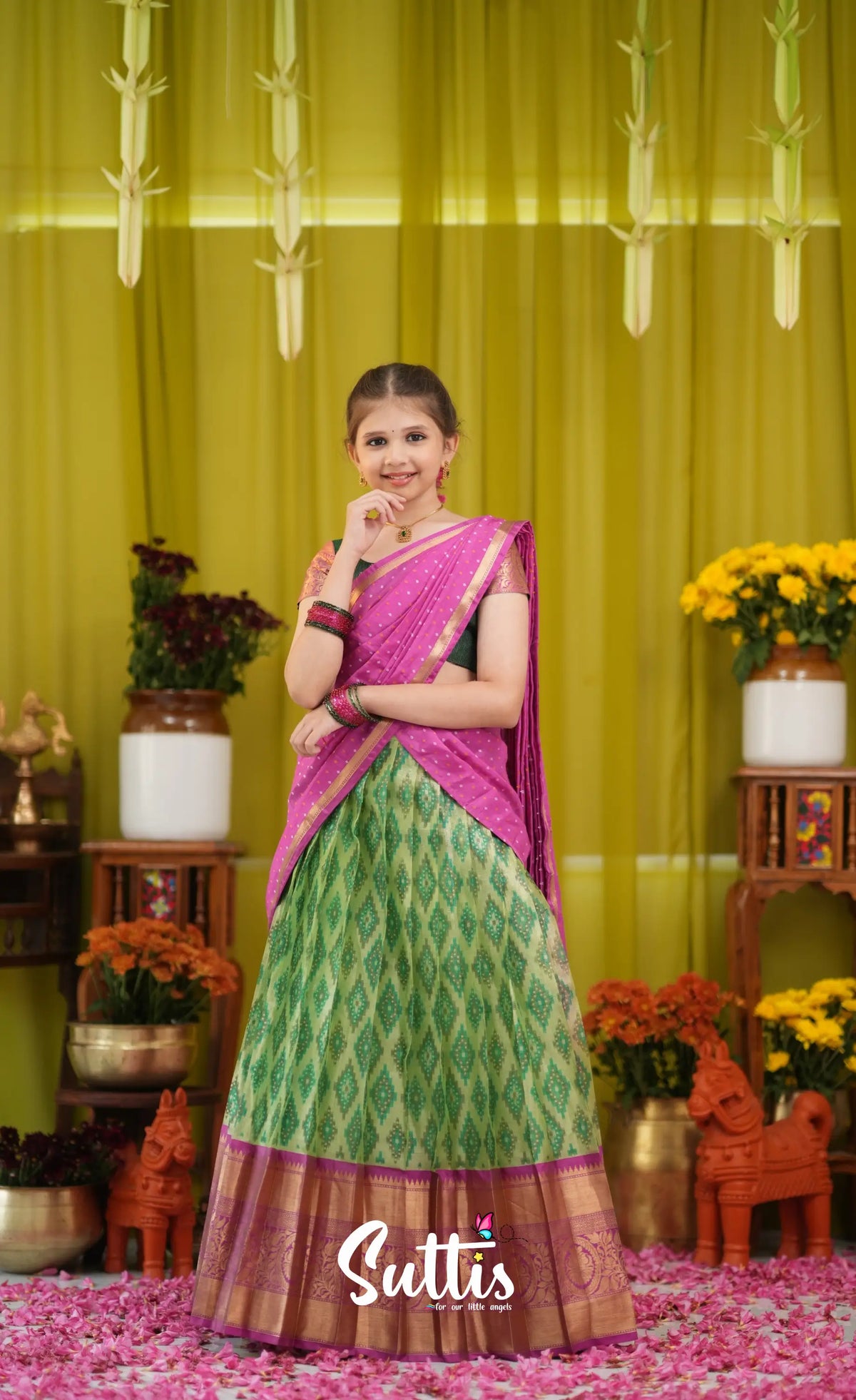 Kumaari Half Saree - Light green and Pink - Kids-Suttis