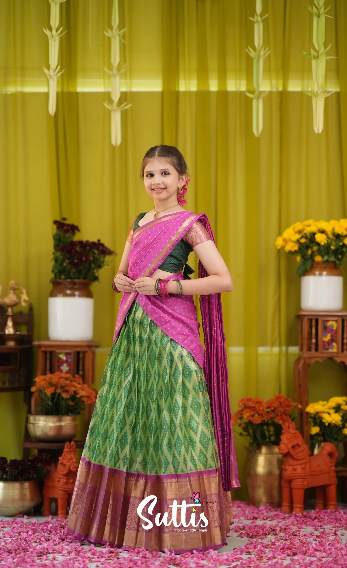 Kumaari Half Saree - Light green and Pink - Kids-Suttis