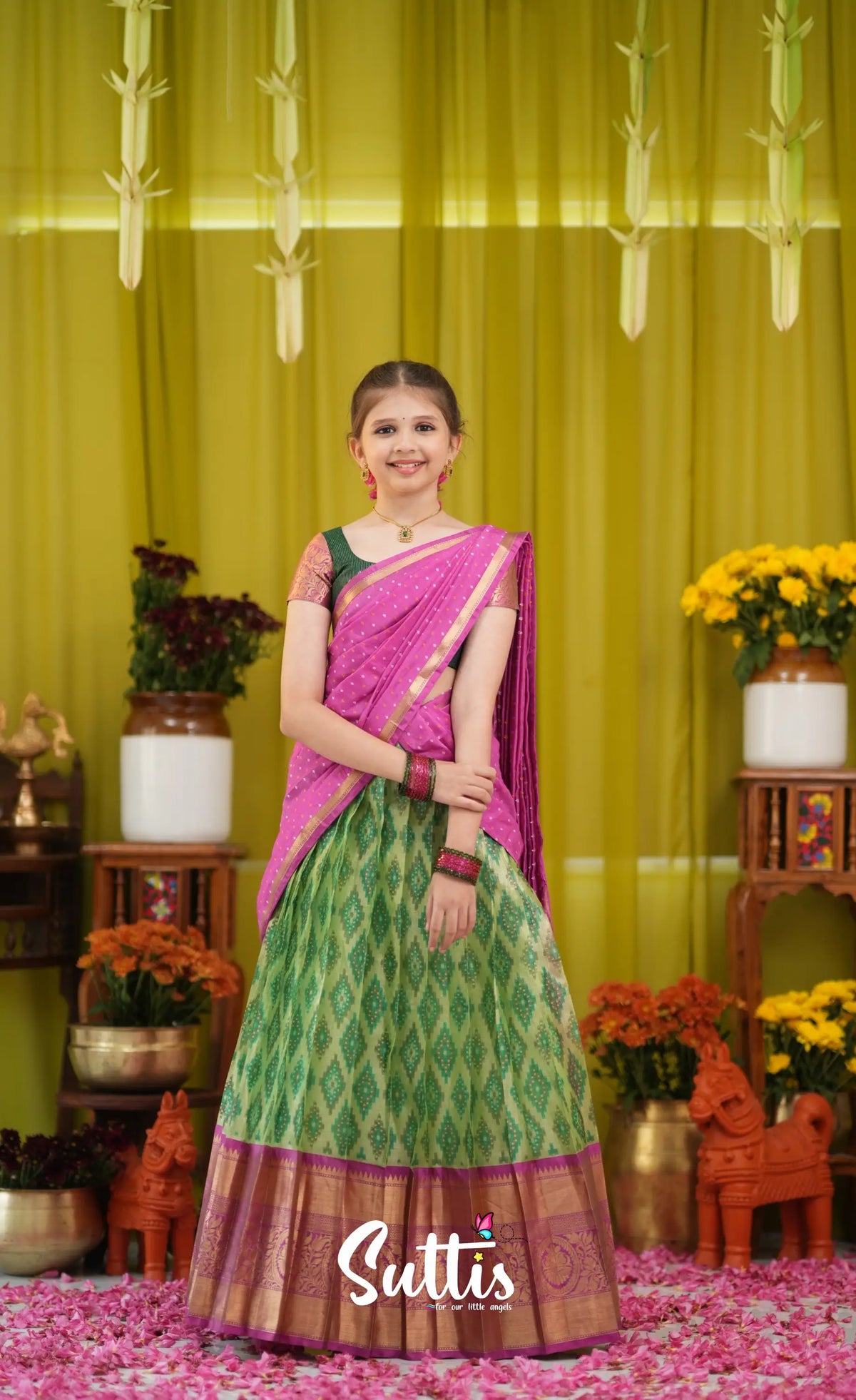 Kumaari Half Saree - Light green and Pink - Kids-Suttis