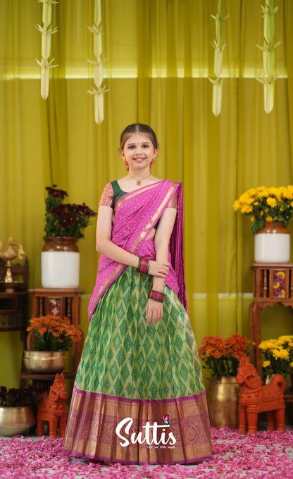 Kumaari Half Saree - Light green and Pink - Kids-Suttis
