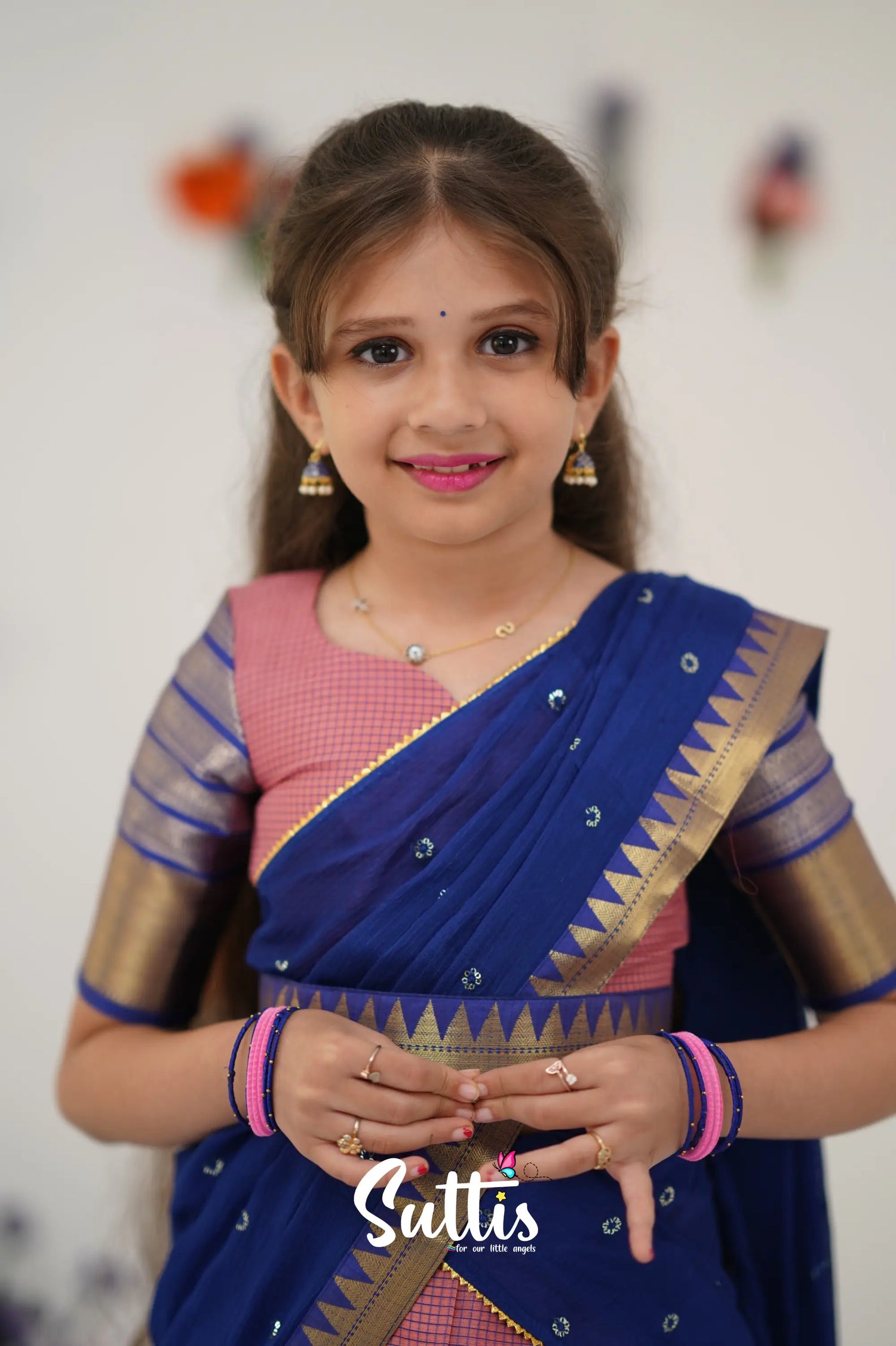 Kumaari Half Saree - Light Pink And Royal Blue Kids - Suttis