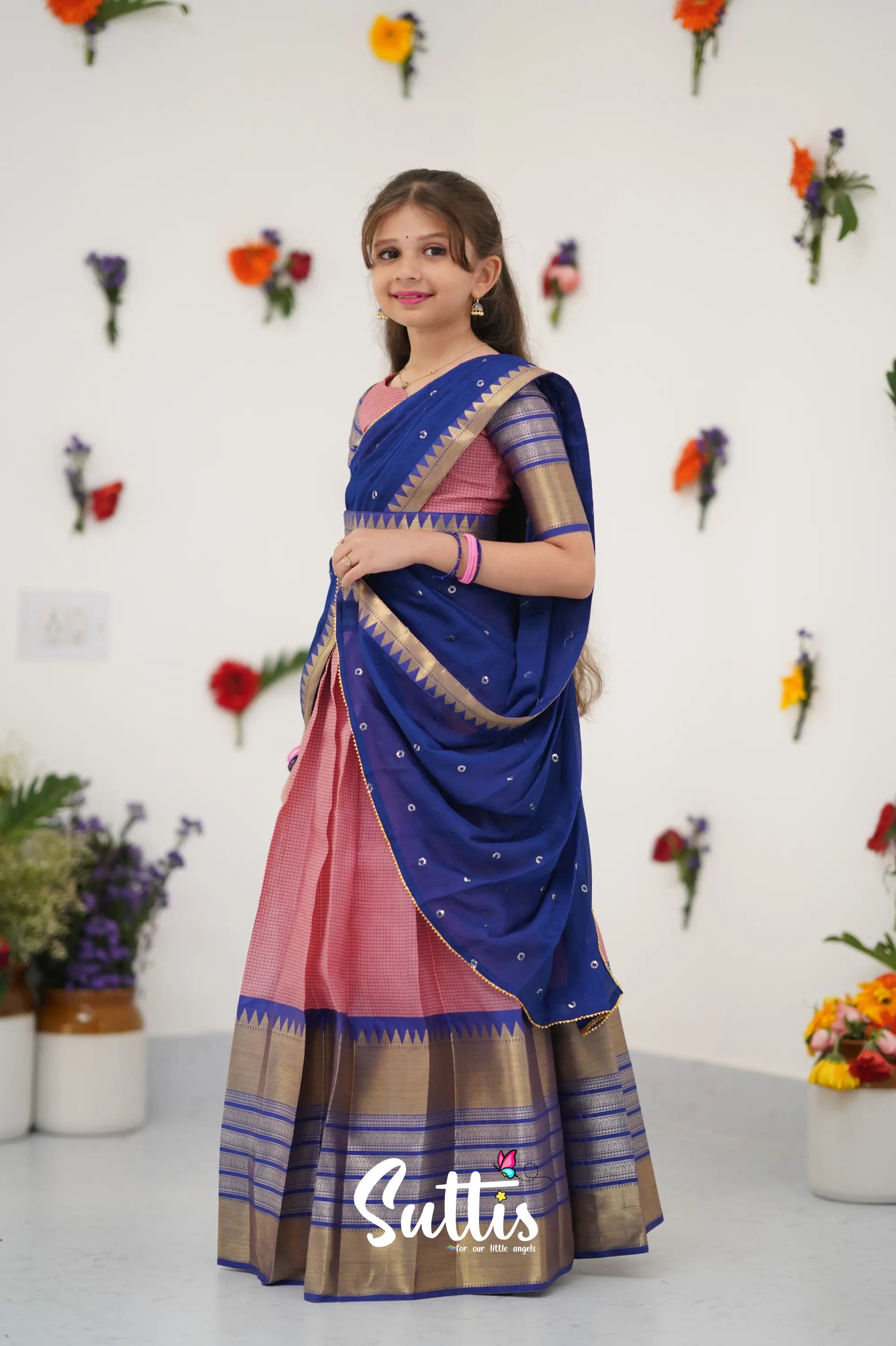 Kumaari Half Saree - Light Pink And Royal Blue Kids - Suttis