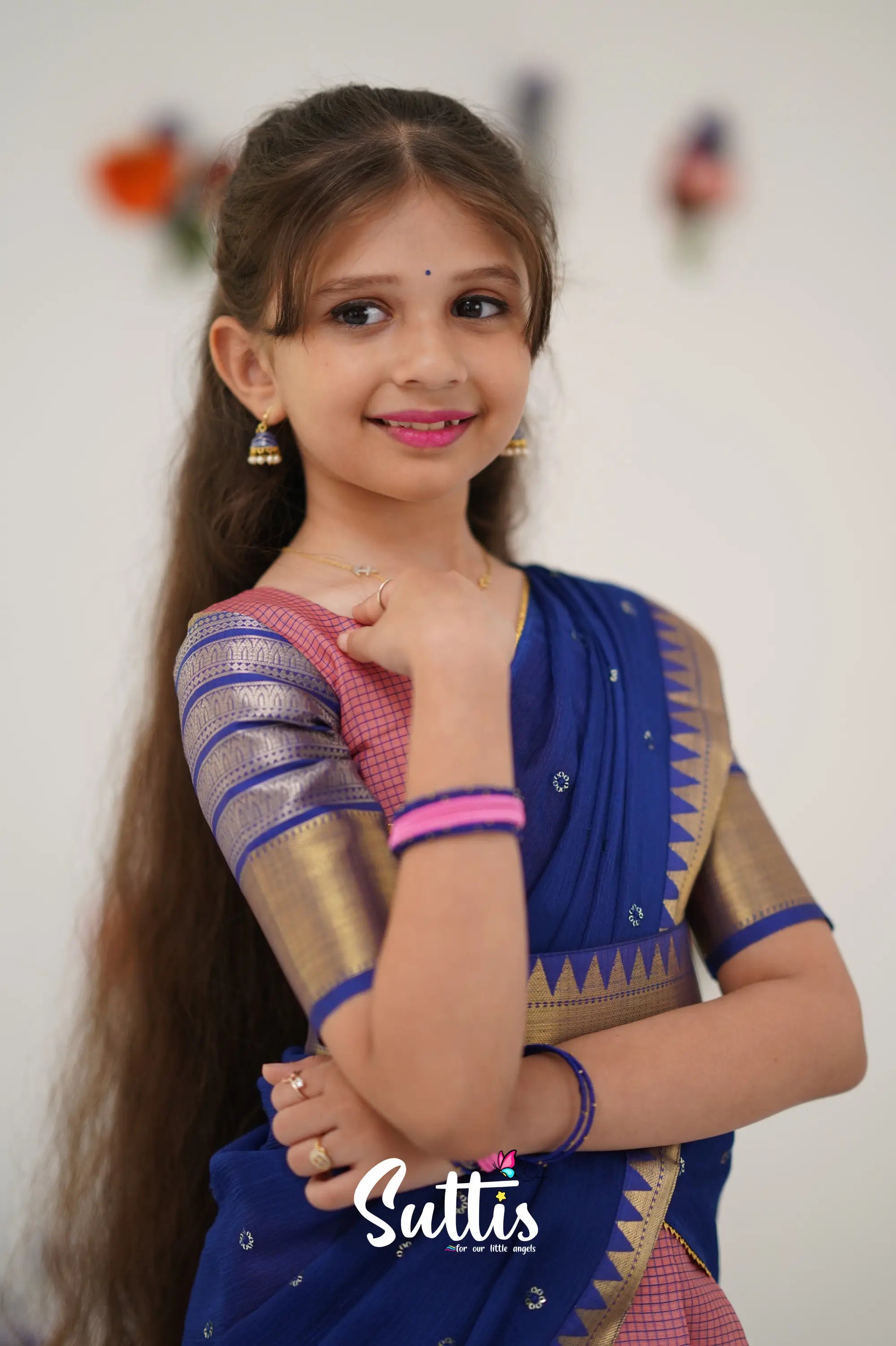 Kumaari Half Saree - Light Pink And Royal Blue Kids - Suttis