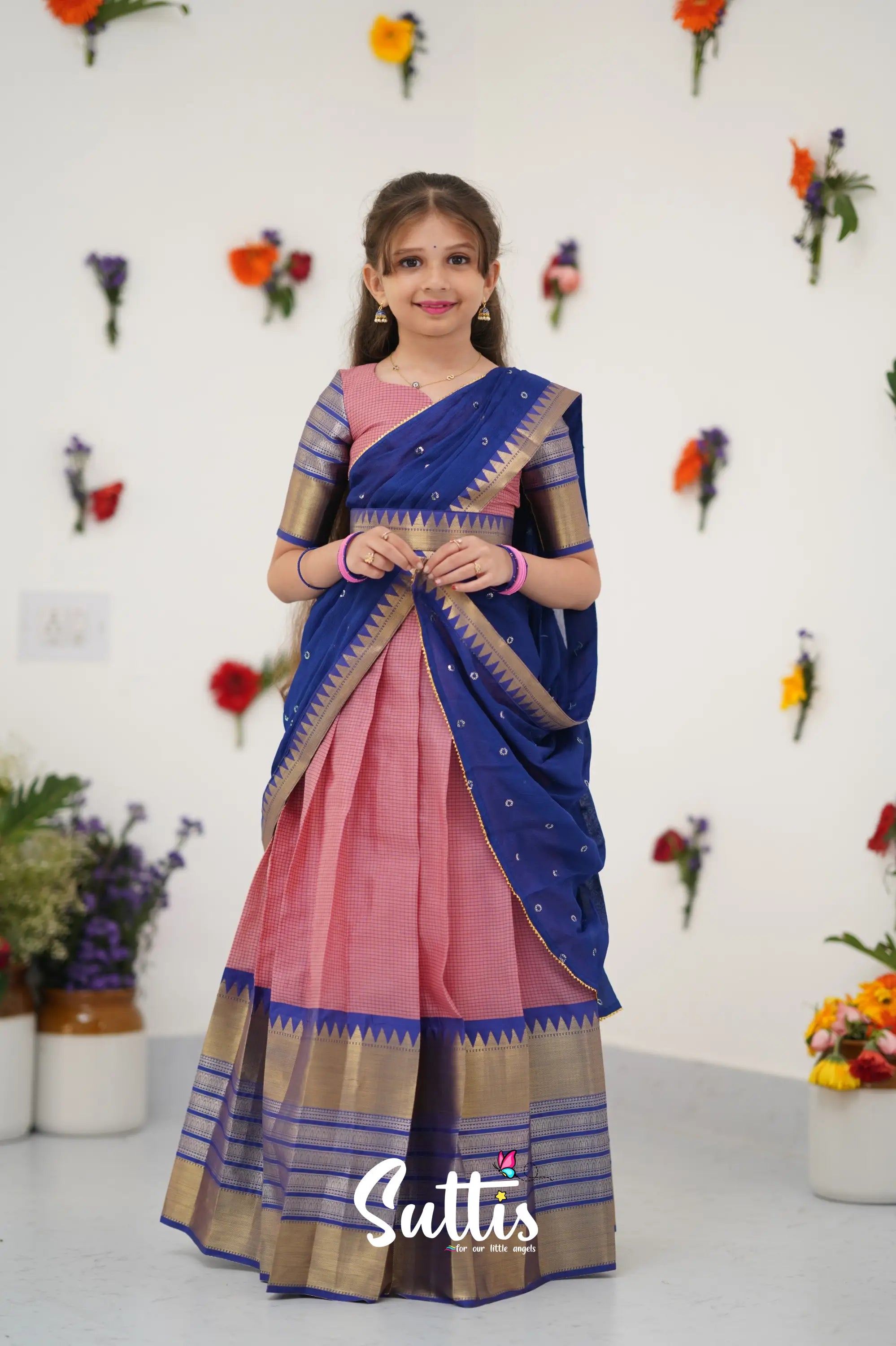 Kumaari Half Saree - Light Pink And Royal Blue Kids - Suttis