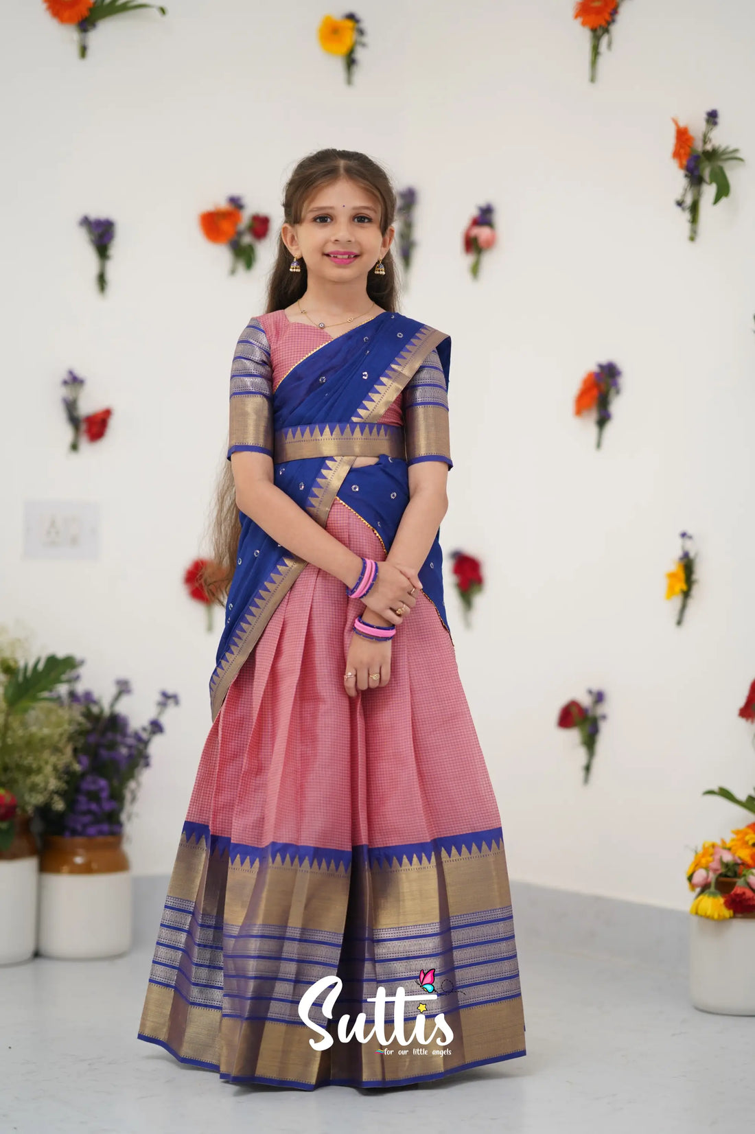 Kumaari Half Saree - Light Pink And Royal Blue Kids - Suttis