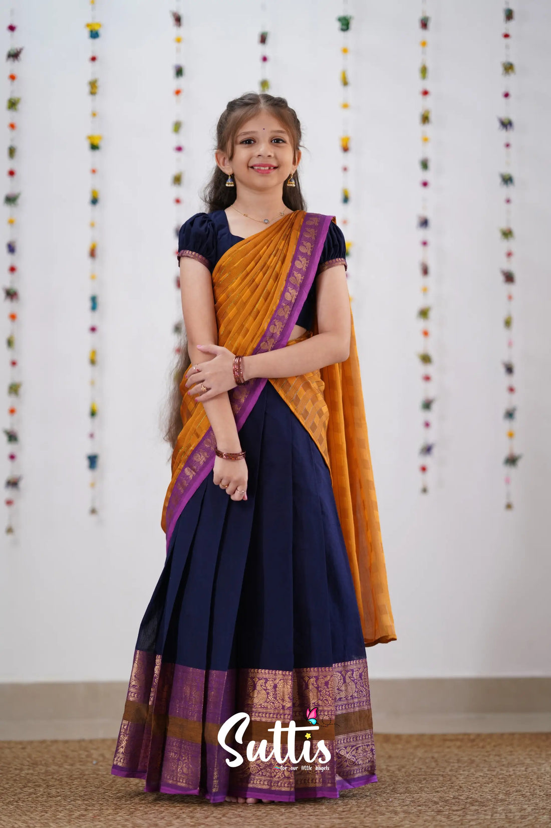 Kumaari Half Saree - Navy Blue &amp; Purple Kids-Suttis