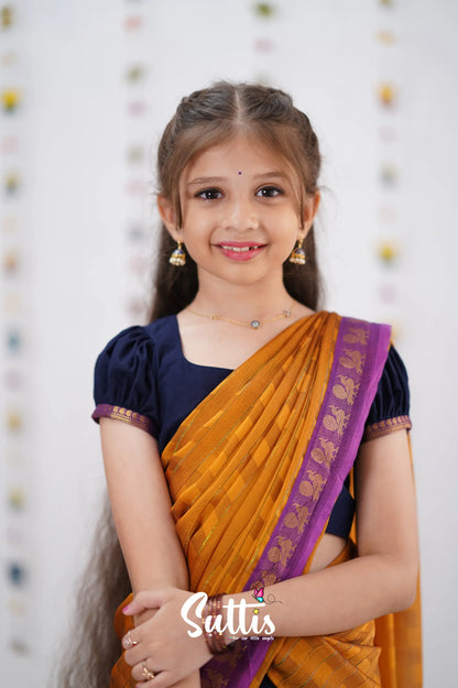 Kumaari Half Saree - Navy Blue &amp; Purple Kids-Suttis