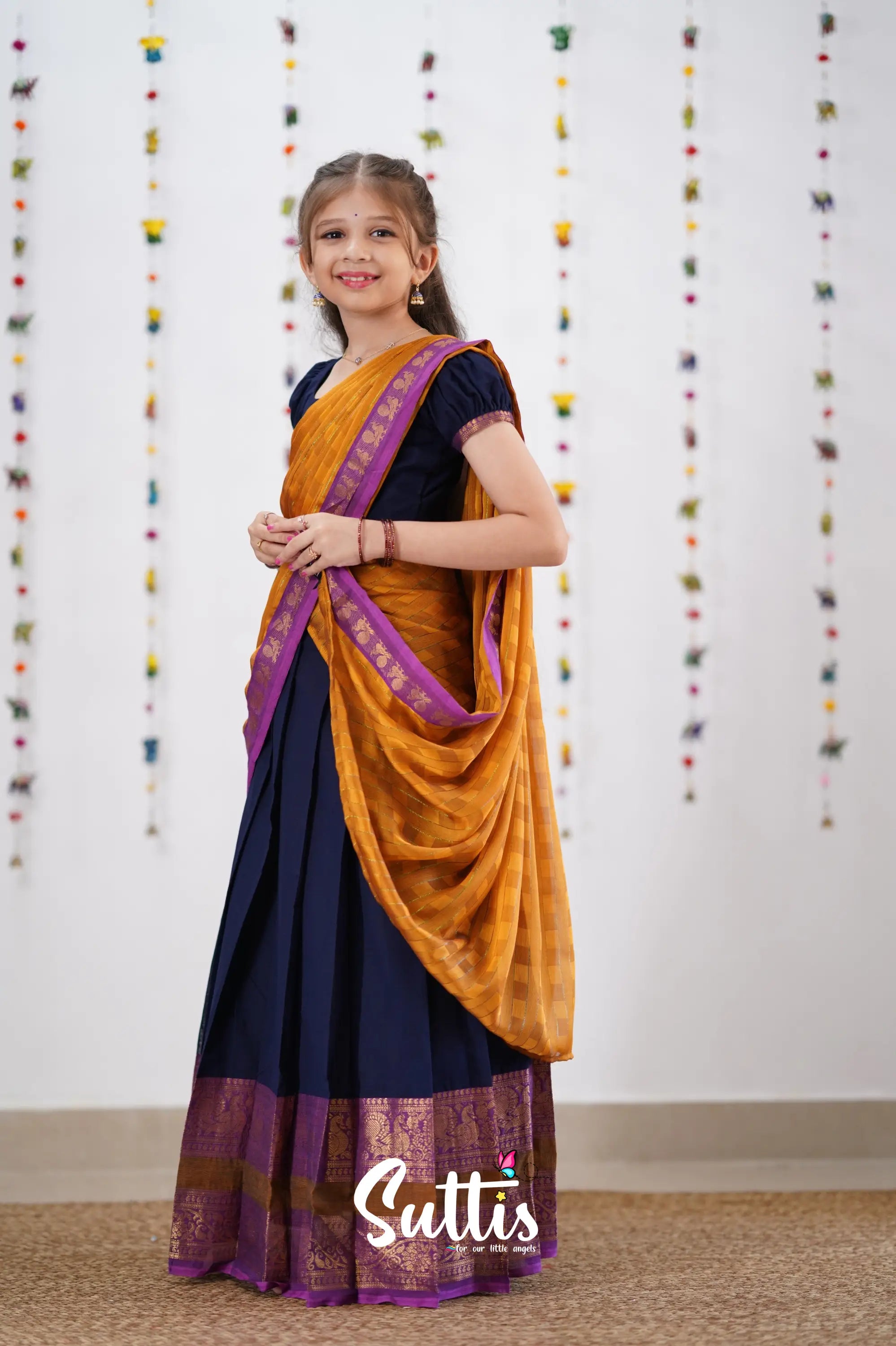 Kumaari Half Saree - Navy Blue &amp; Purple Kids-Suttis