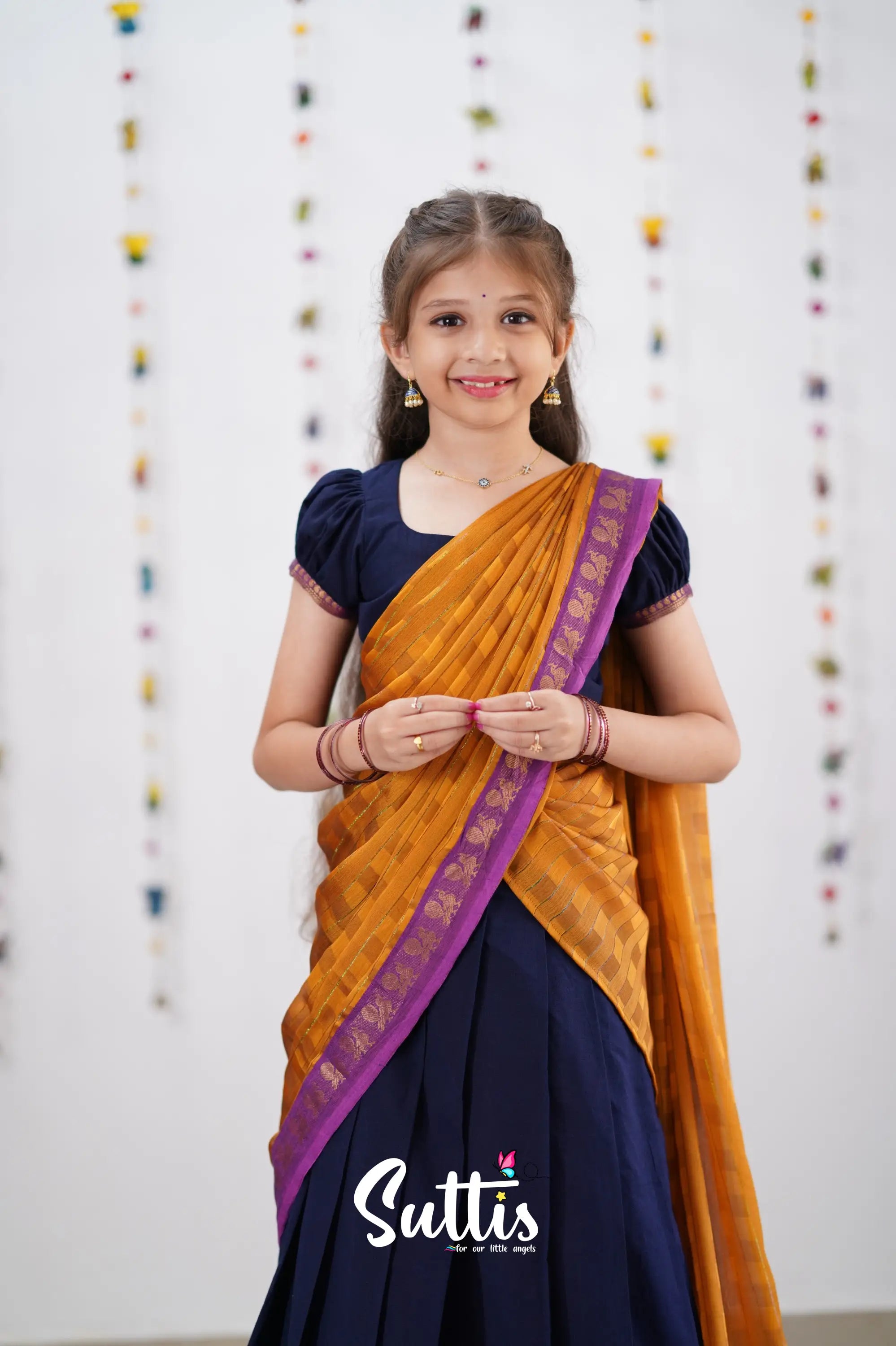 Kumaari Half Saree - Navy Blue &amp; Purple Kids-Suttis