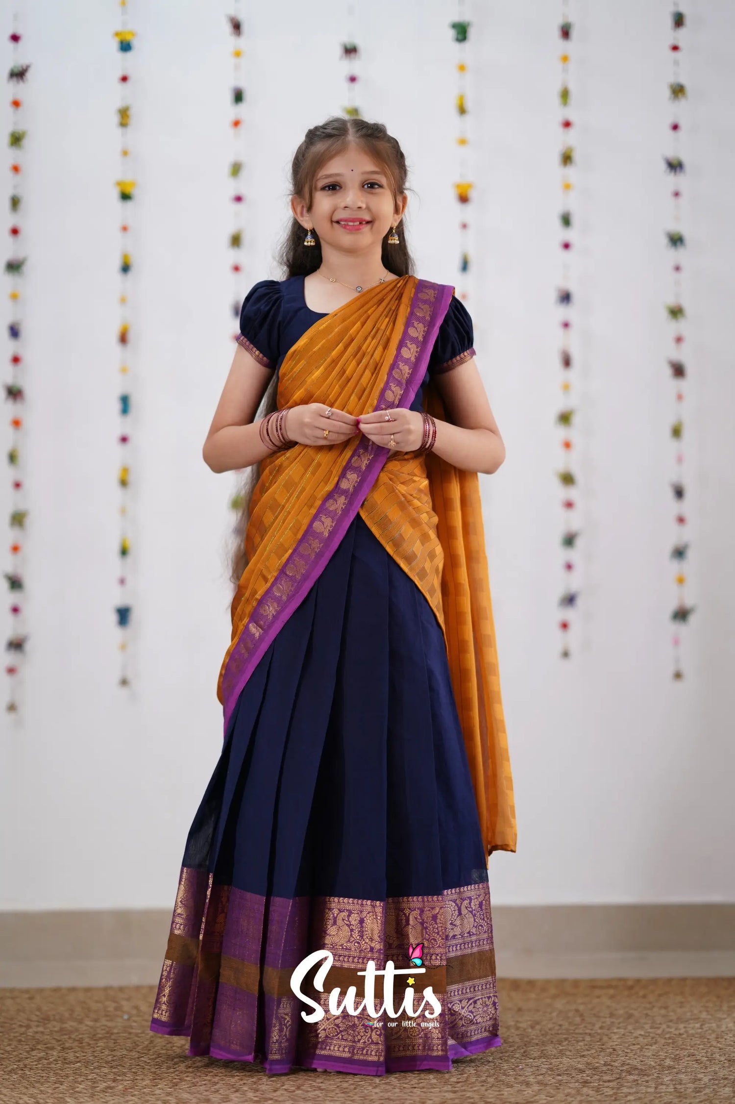 Kumaari Half Saree - Navy Blue &amp; Purple Kids-Suttis