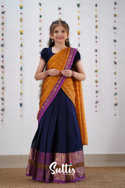 Kumaari Half Saree - Navy Blue &amp; Purple Kids-Suttis