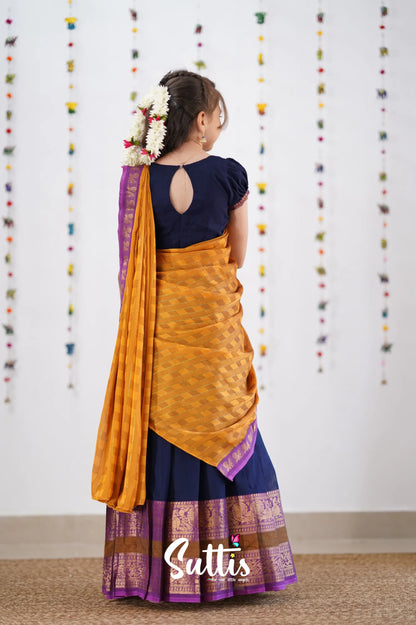 Kumaari Half Saree - Navy Blue &amp; Purple Kids-Suttis