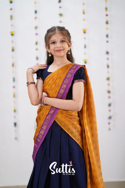 Kumaari Half Saree - Navy Blue &amp; Purple Kids-Suttis