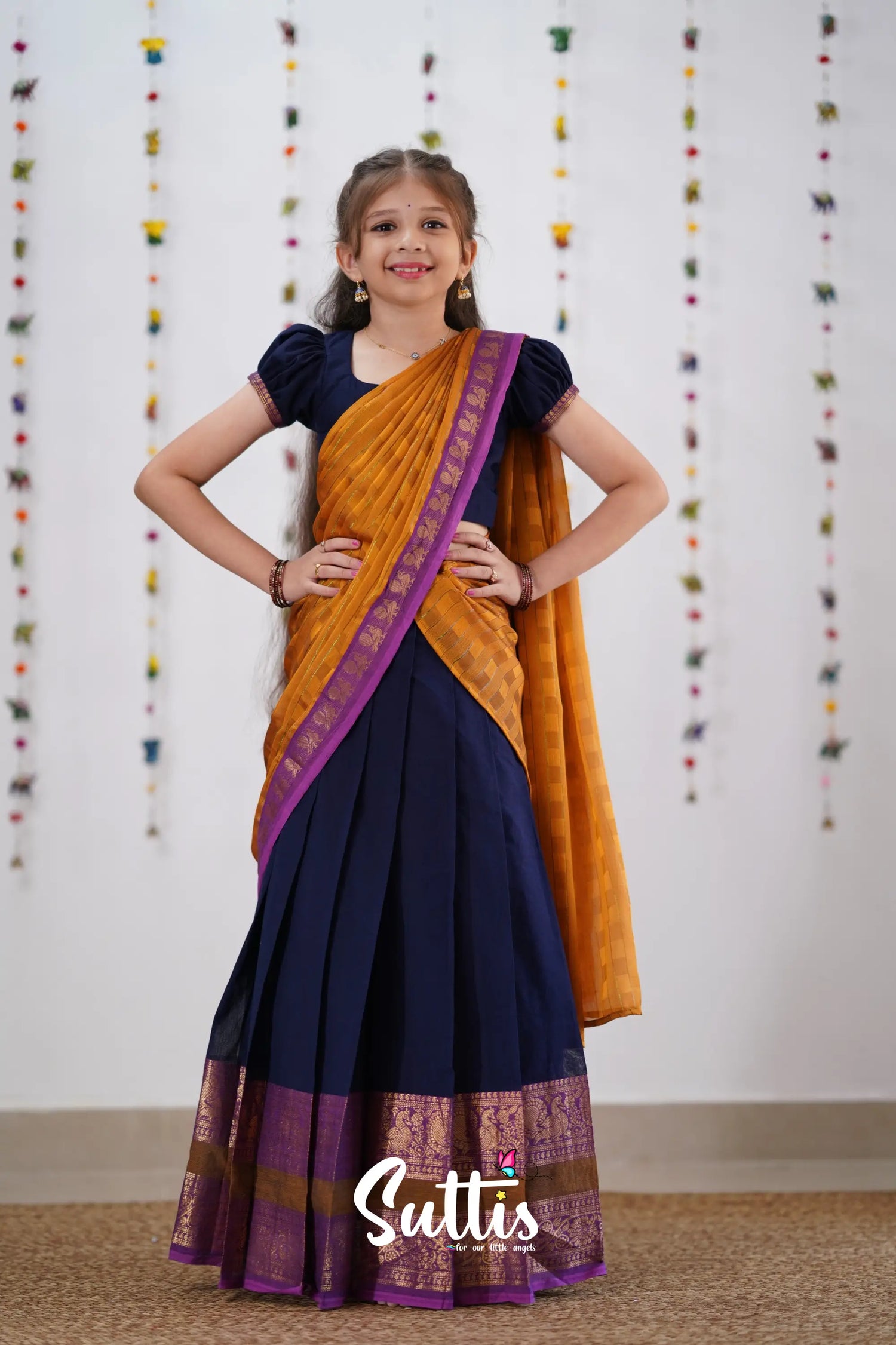 Kumaari Half Saree - Navy Blue &amp; Purple Kids-Suttis