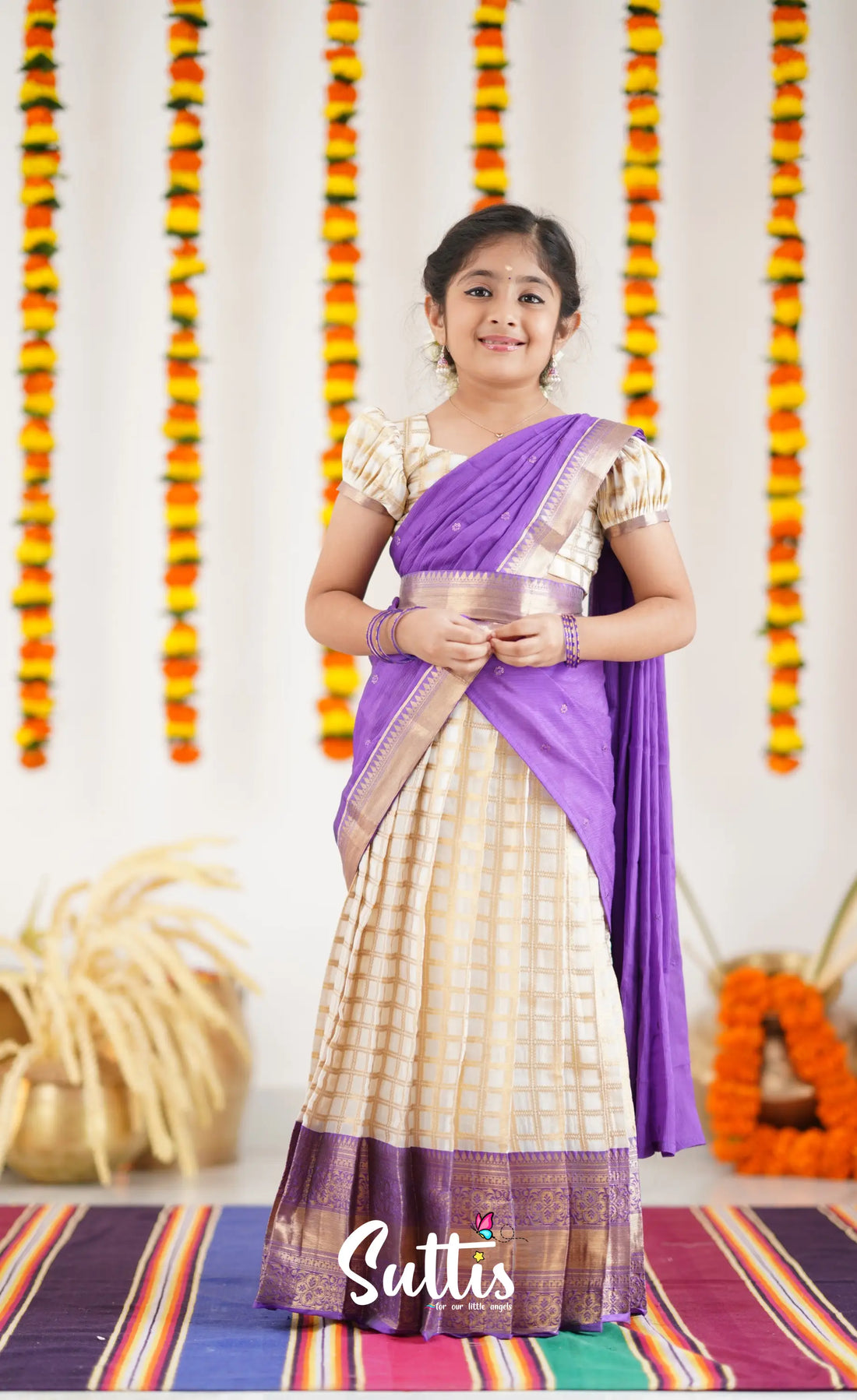 Kumaari Half Saree - Off White And Purple Kids-Suttis