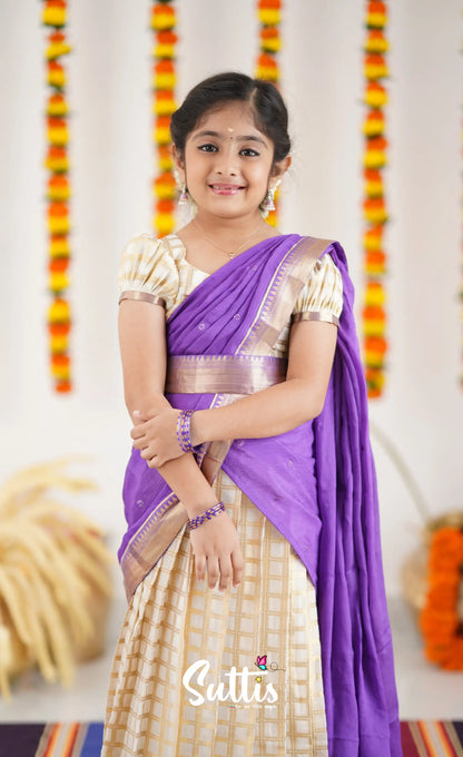 Kumaari Half Saree - Off White And Purple Kids-Suttis