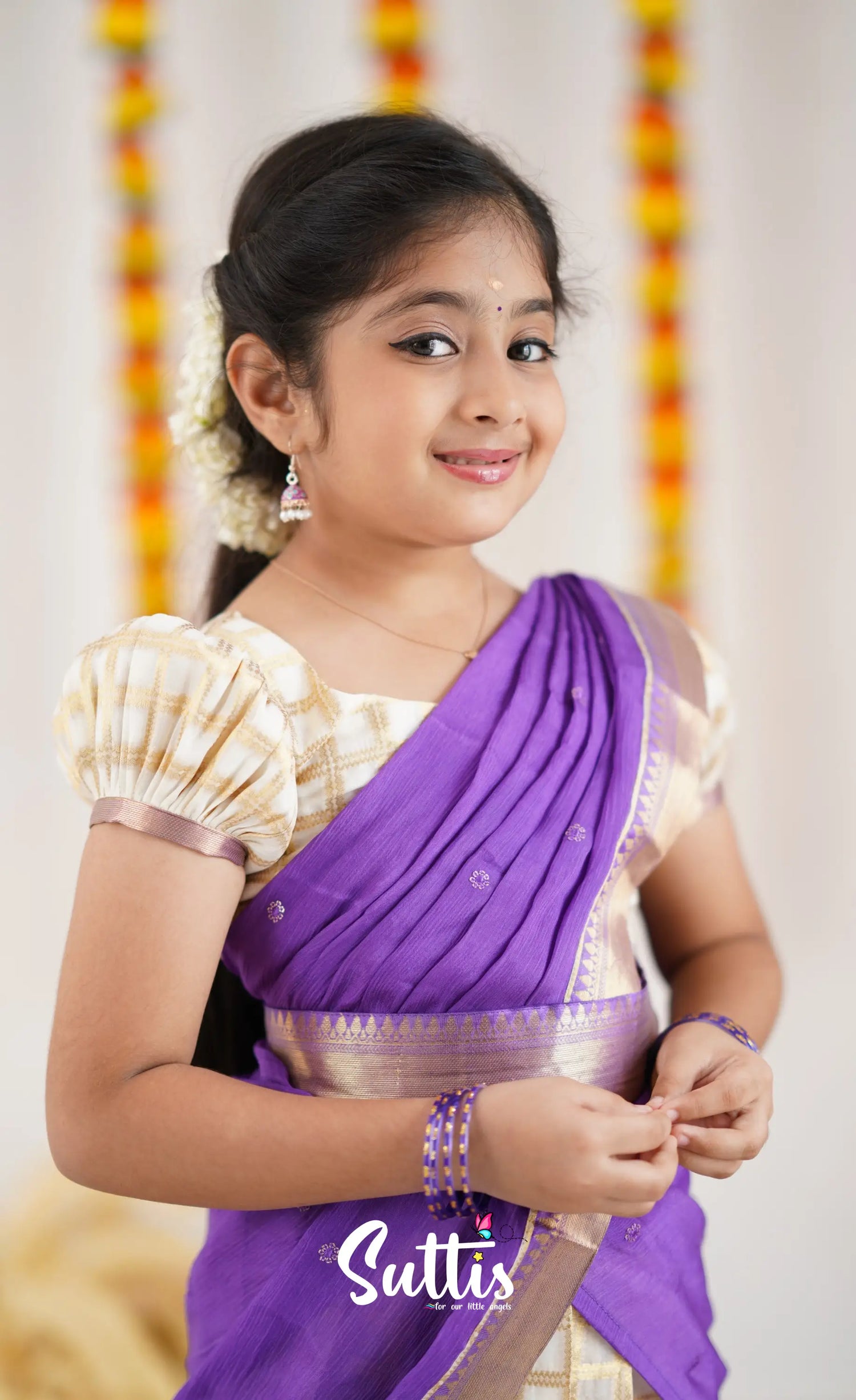 Kumaari Half Saree - Off White And Purple Kids-Suttis