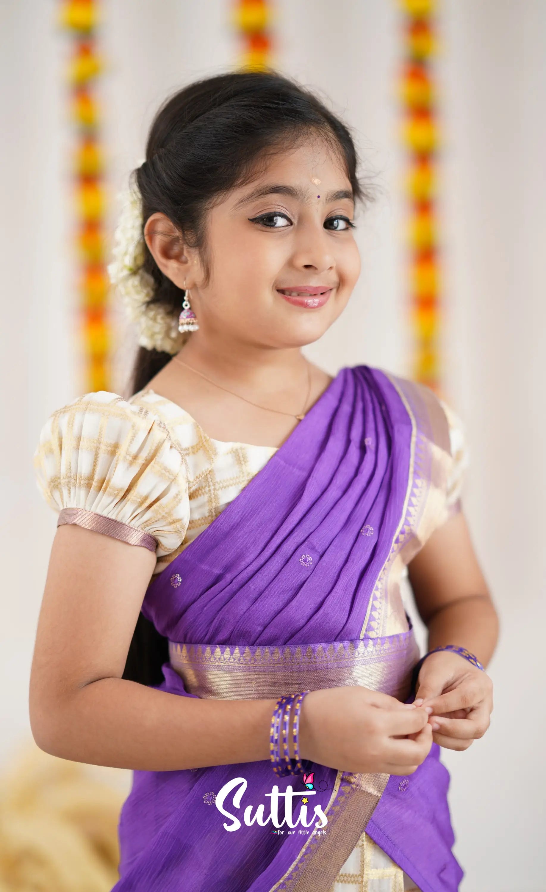 Kumaari Half Saree - Off White And Purple Kids-Suttis