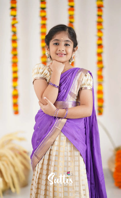 Kumaari Half Saree - Off White And Purple Kids-Suttis