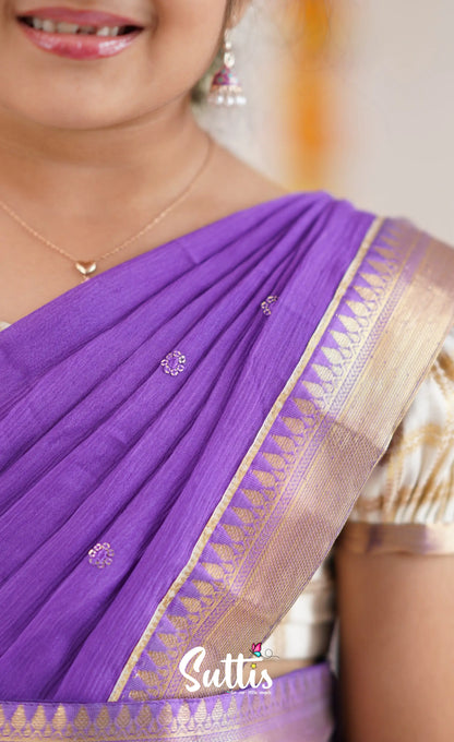 Kumaari Half Saree - Off White And Purple Kids-Suttis