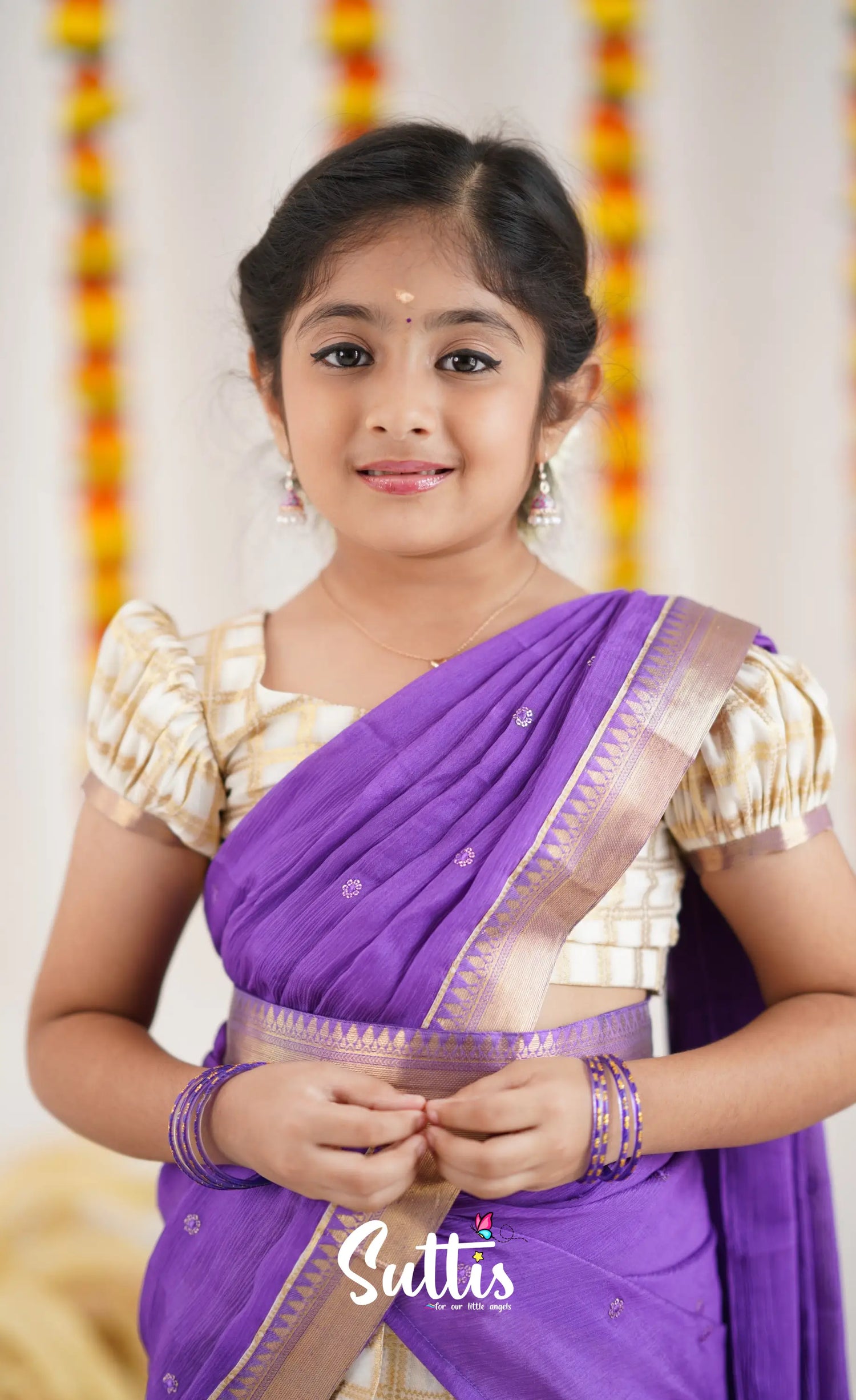 Kumaari Half Saree - Off White And Purple Kids-Suttis