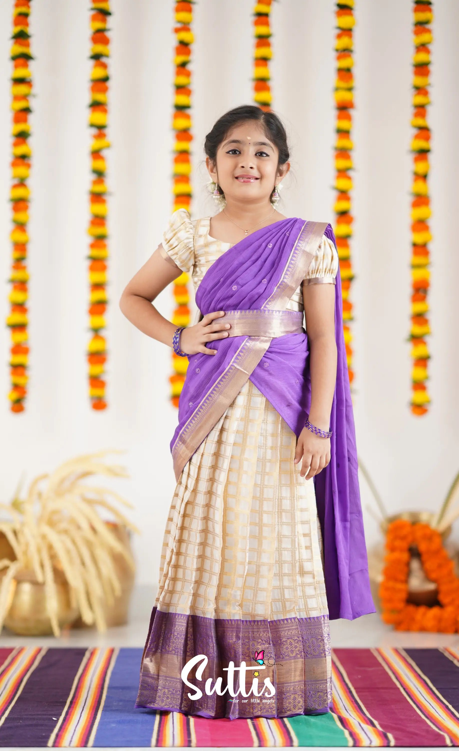 Kumaari Half Saree - Off White And Purple Kids-Suttis