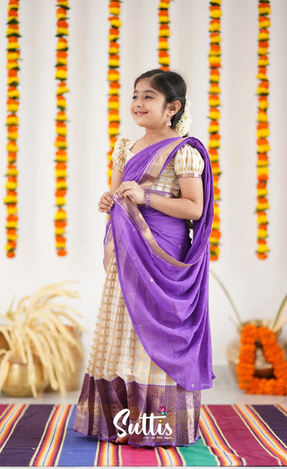 Kumaari Half Saree - Off White And Purple Kids-Suttis