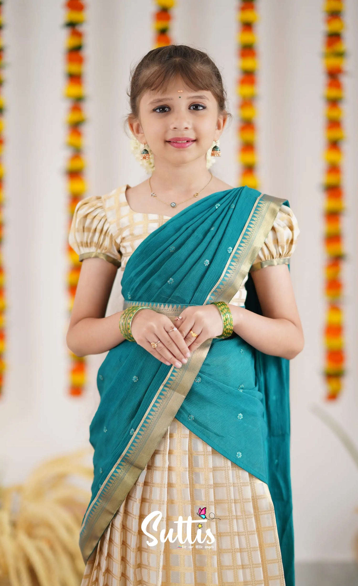 Kumaari Half Saree - Off White And Teal Kids-Suttis