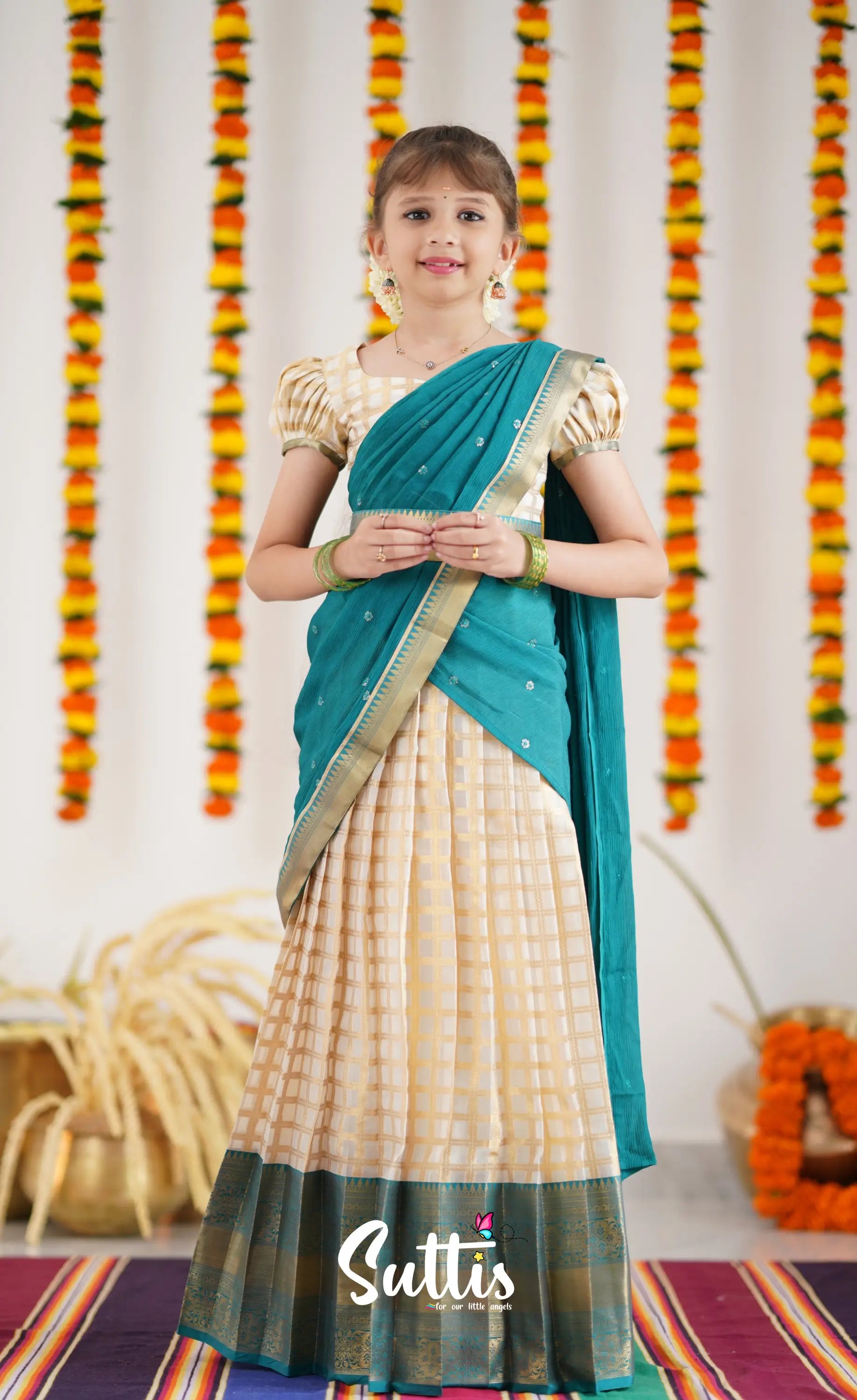 Kumaari Half Saree - Off White And Teal Kids-Suttis