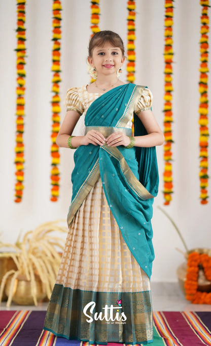 Kumaari Half Saree - Off White And Teal Kids-Suttis