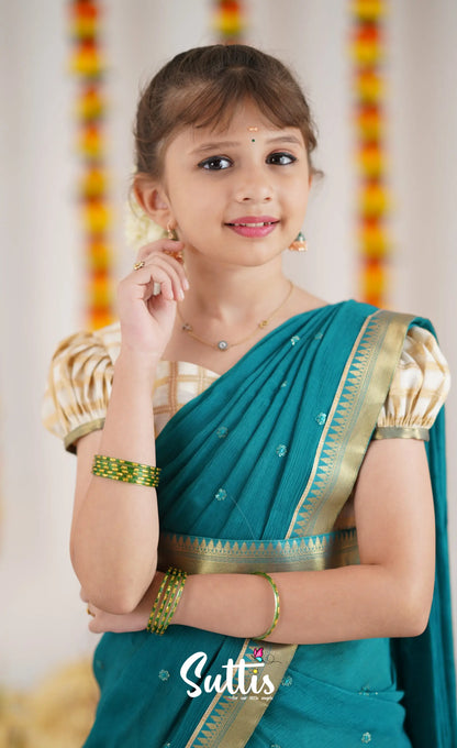 Kumaari Half Saree - Off White And Teal Kids-Suttis