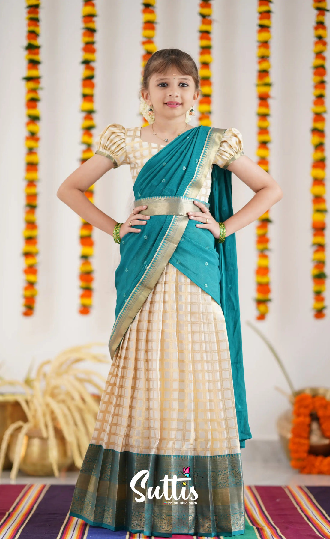 Kumaari Half Saree - Off White And Teal Kids-Suttis