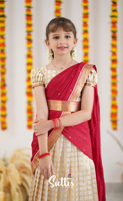 Kumaari Half Saree - Off White And Tone Of Red Kids-Suttis