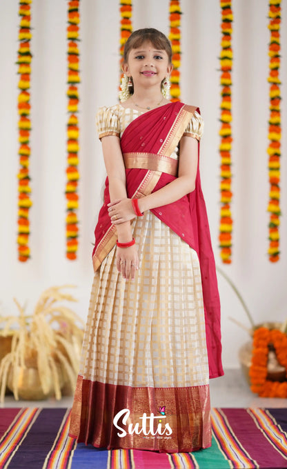 Kumaari Half Saree - Off White And Tone Of Red Kids-Suttis