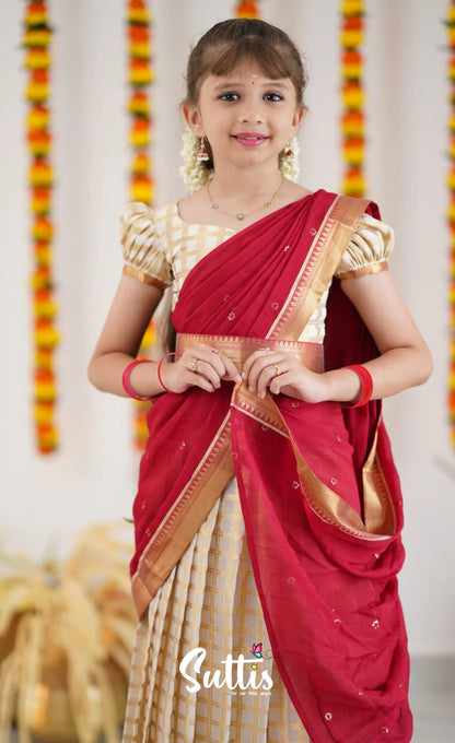 Kumaari Half Saree - Off White And Tone Of Red Kids-Suttis