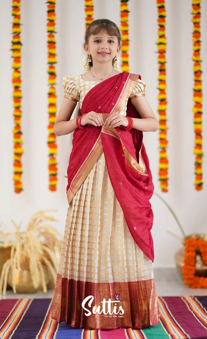 Kumaari Half Saree - Off White And Tone Of Red Kids-Suttis