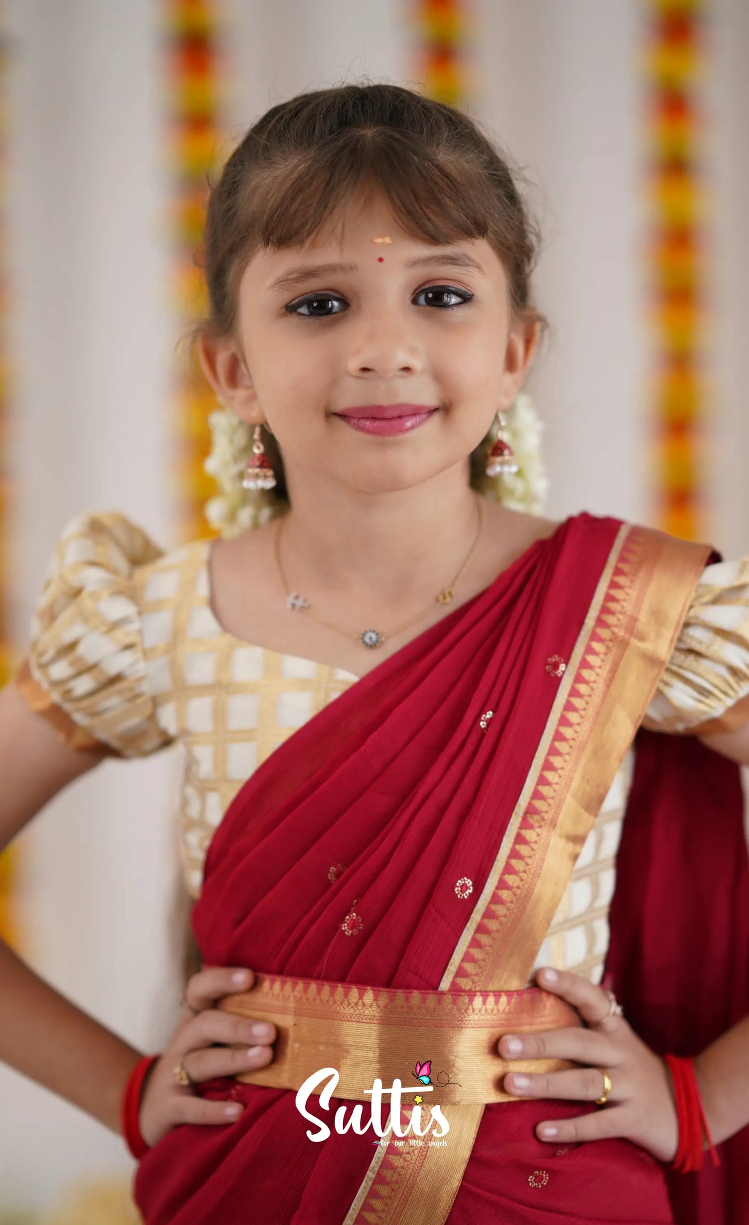 Kumaari Half Saree - Off White And Tone Of Red Kids-Suttis