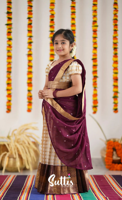 Kumaari Half Saree - Off White And Tone Of Wine Maroon Kids-Suttis