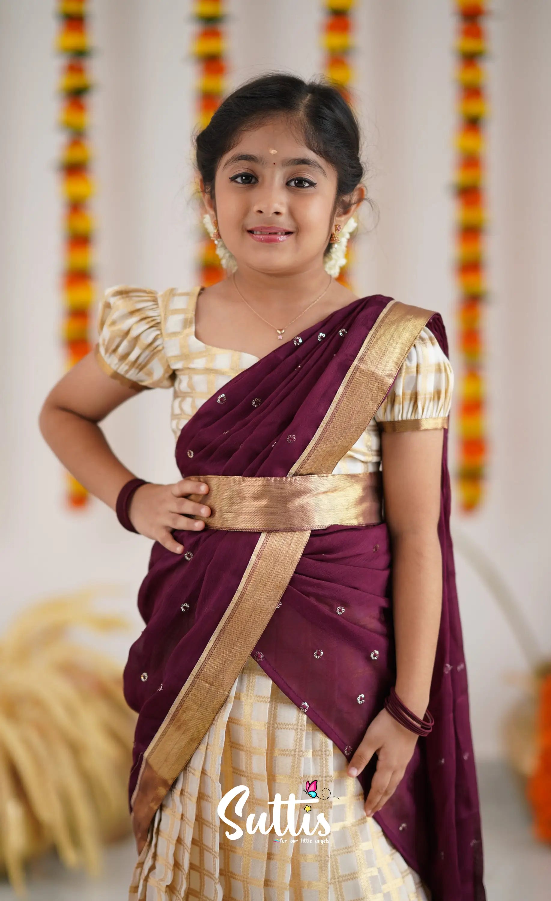 Kumaari Half Saree - Off White And Tone Of Wine Maroon Kids-Suttis