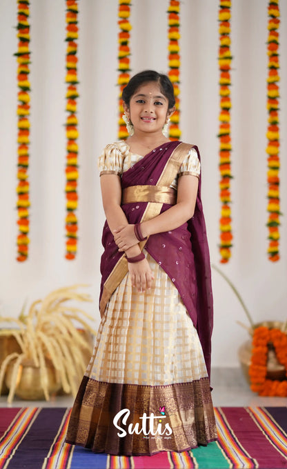 Kumaari Half Saree - Off White And Tone Of Wine Maroon Kids-Suttis