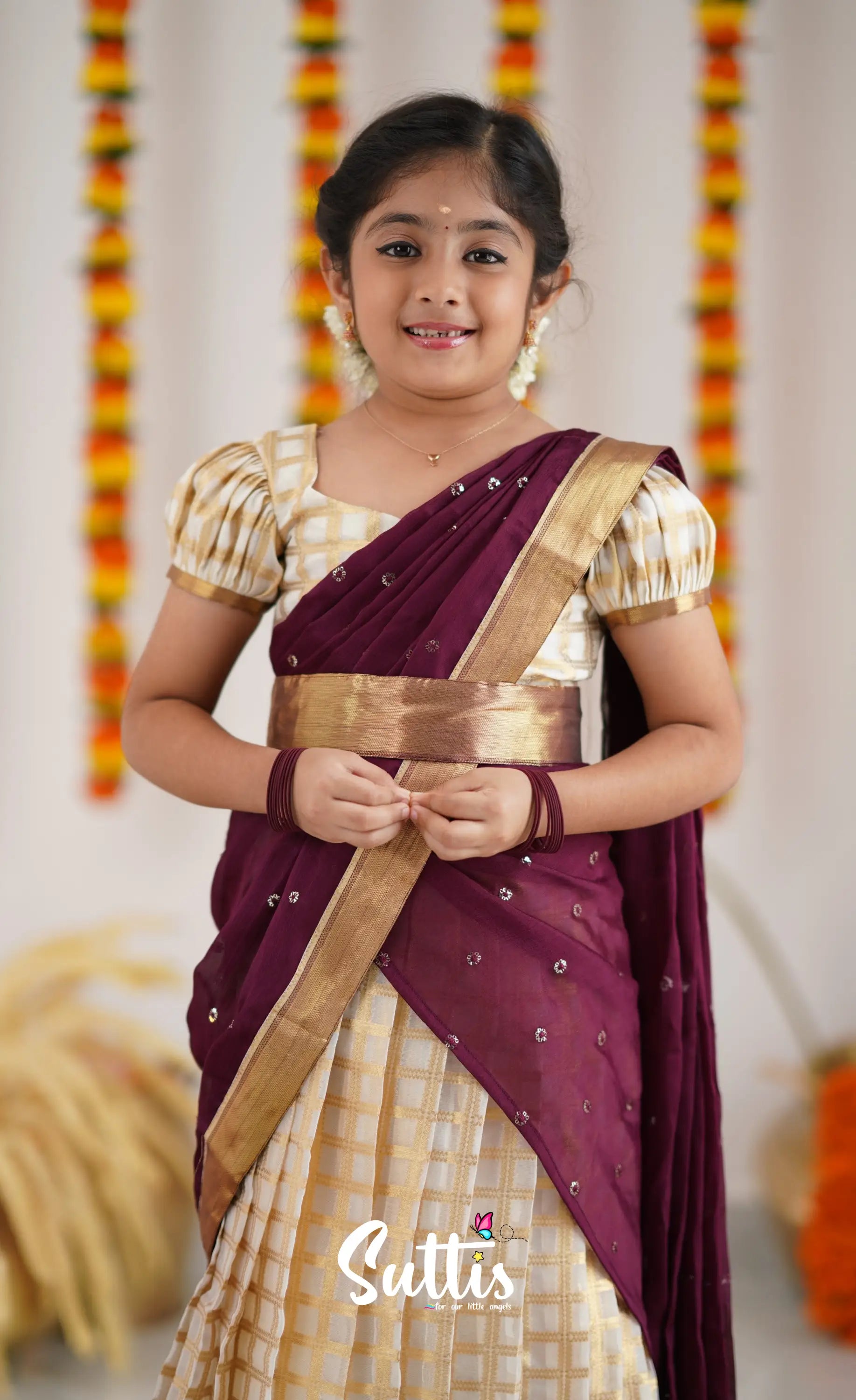 Kumaari Half Saree - Off White And Tone Of Wine Maroon Kids-Suttis