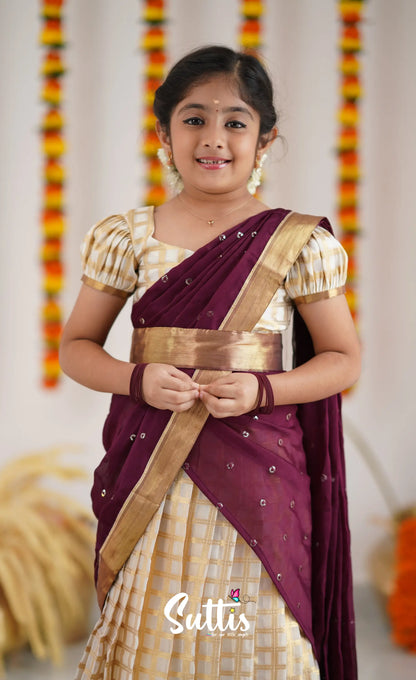 Kumaari Half Saree - Off White And Tone Of Wine Maroon Kids-Suttis