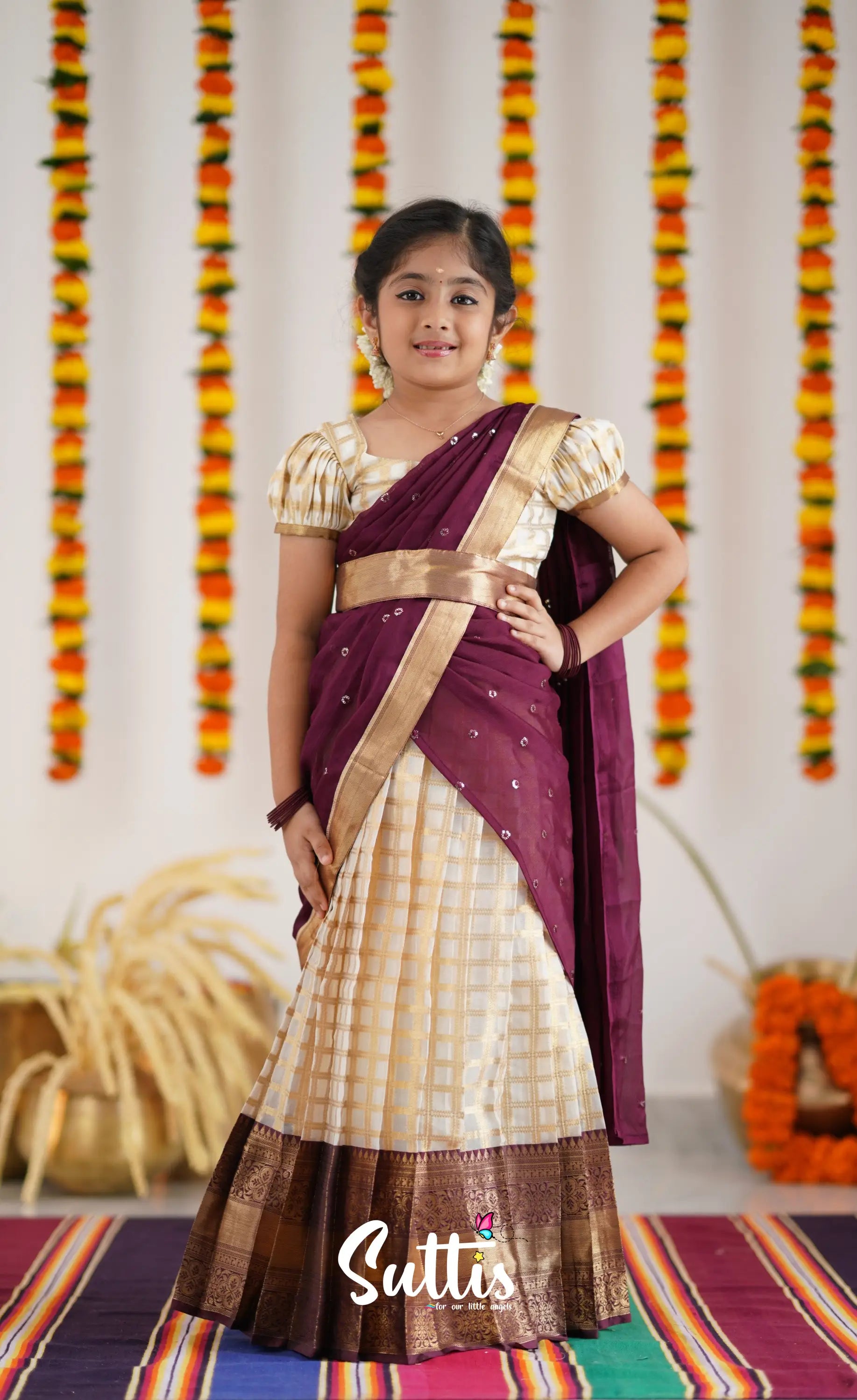 Kumaari Half Saree - Off White And Tone Of Wine Maroon Kids-Suttis